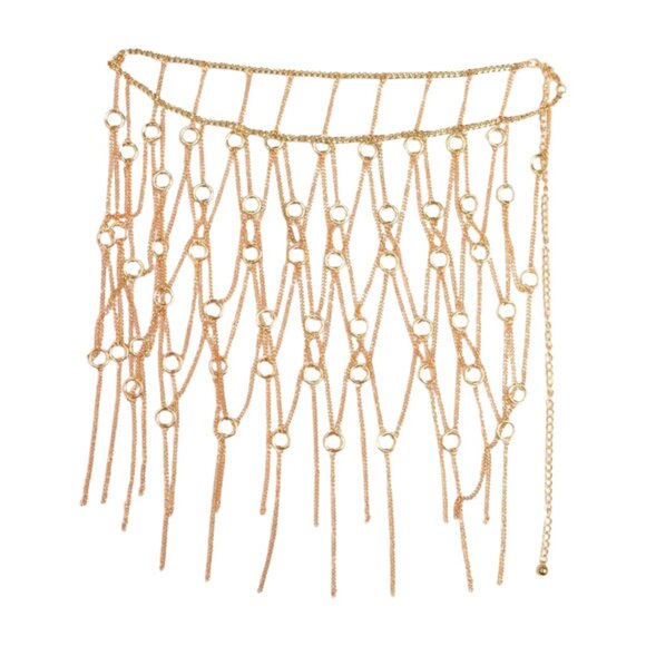 Women Gold Metal Chain Circle Rings Skirt Long Tassel Belt Cover Up Waist S M main image 6
